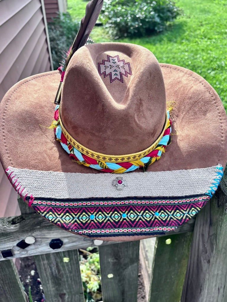 One-of-a-Kind Aztec-Inspired Hat | Sari Fabric & Yellow Leather Bands