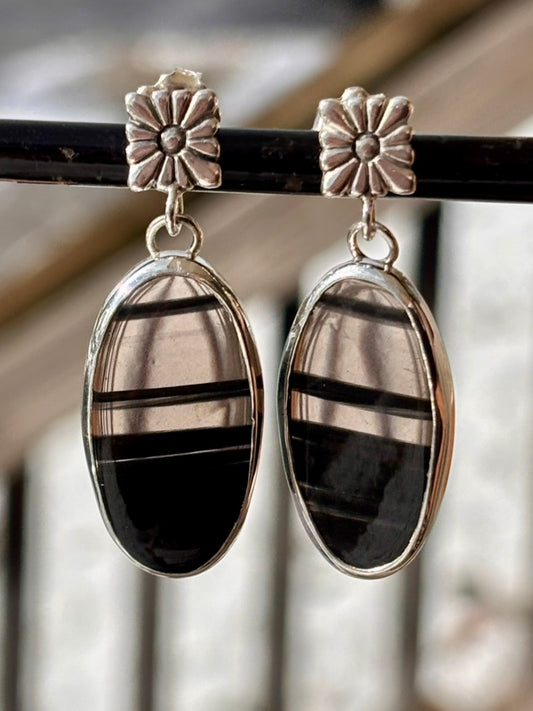 Midnight Obsidian Sterling Silver Earrings | Floral Post Dangles
