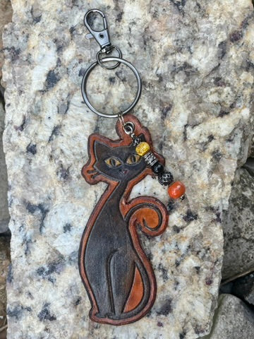 Handcrafted Leather Vintage Black Cat Purse Charm | Cat Leather Keychain | Boho Bag Charm