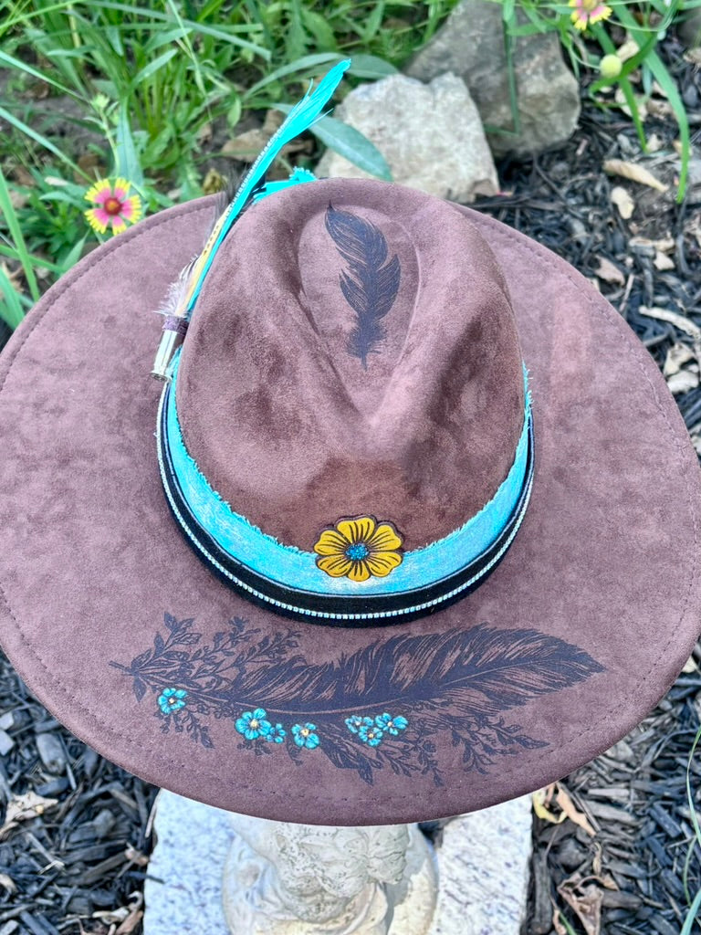Hand-Embellished Brown Vegan Suede Hat | Turquoise Bands & Feather Hatpin