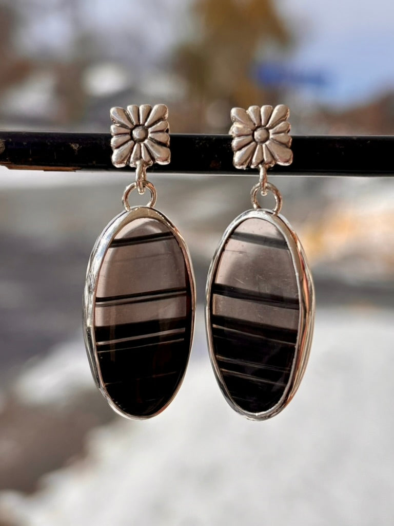 Midnight Obsidian Sterling Silver Earrings | Floral Post Dangles