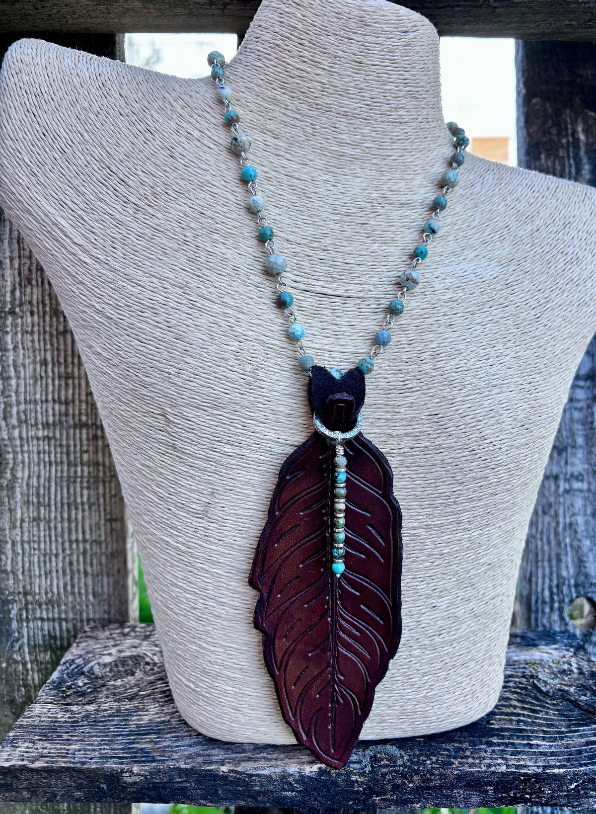 Handmade Leather Feather & Turquoise Necklace | Sterling Silver | Convertible