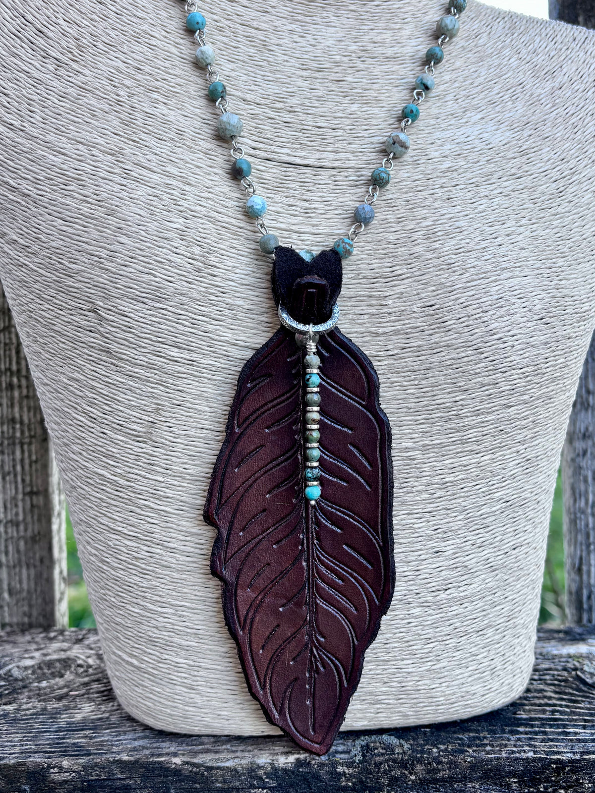 Handmade Leather Feather & Turquoise Necklace | Sterling Silver | Convertible