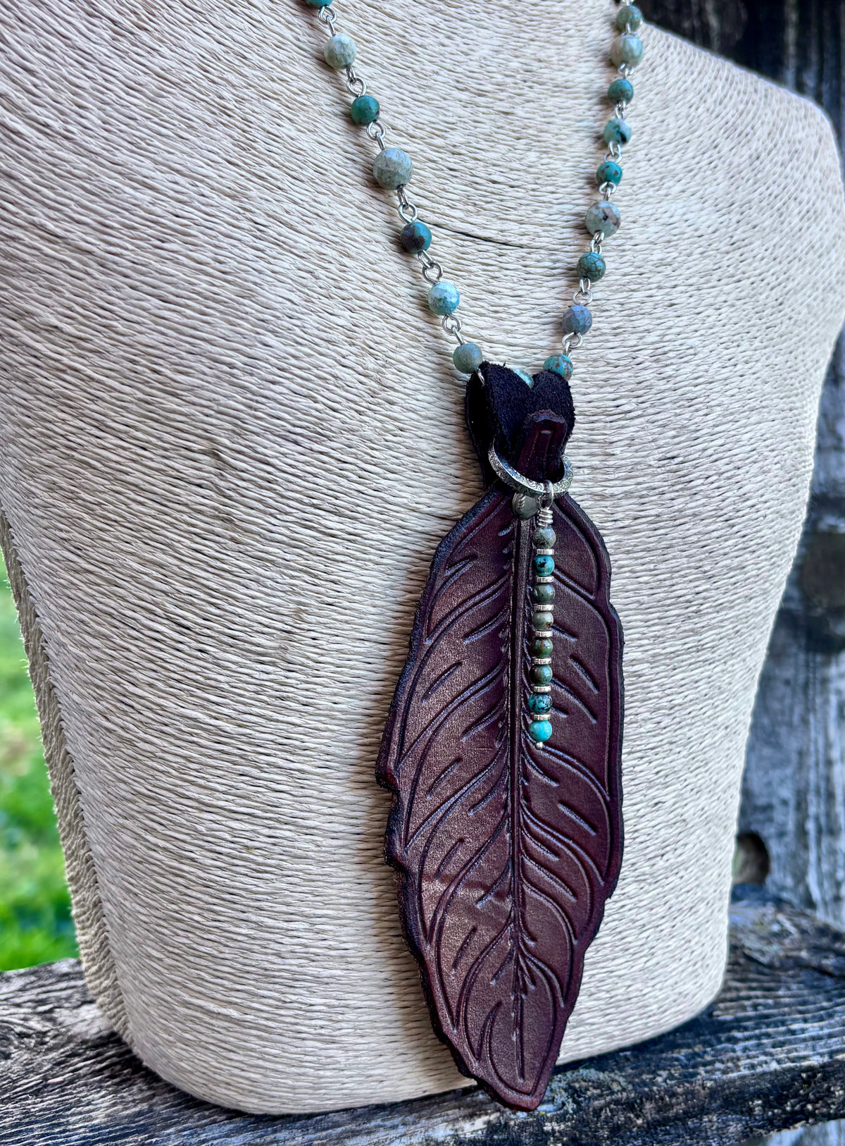Handmade Leather Feather & Turquoise Necklace | Sterling Silver | Convertible