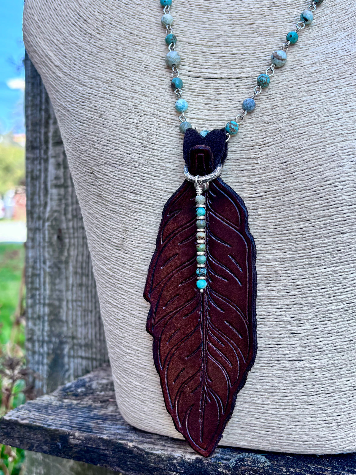 Handmade Leather Feather & Turquoise Necklace | Sterling Silver | Convertible