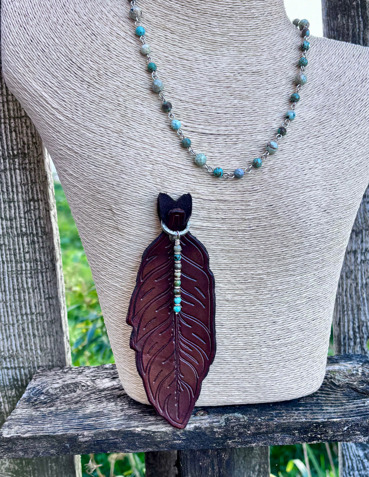 Handmade Leather Feather & Turquoise Necklace | Sterling Silver | Convertible