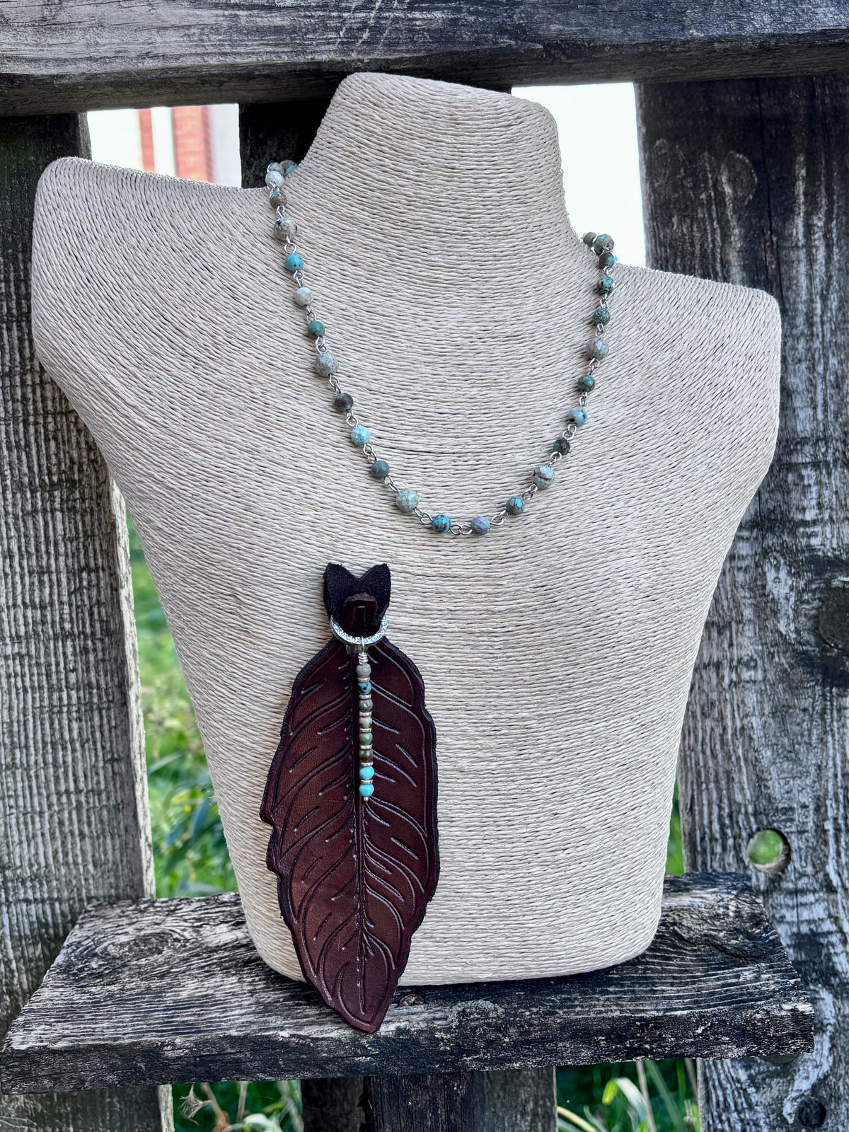 Handmade Leather Feather & Turquoise Necklace | Sterling Silver | Convertible