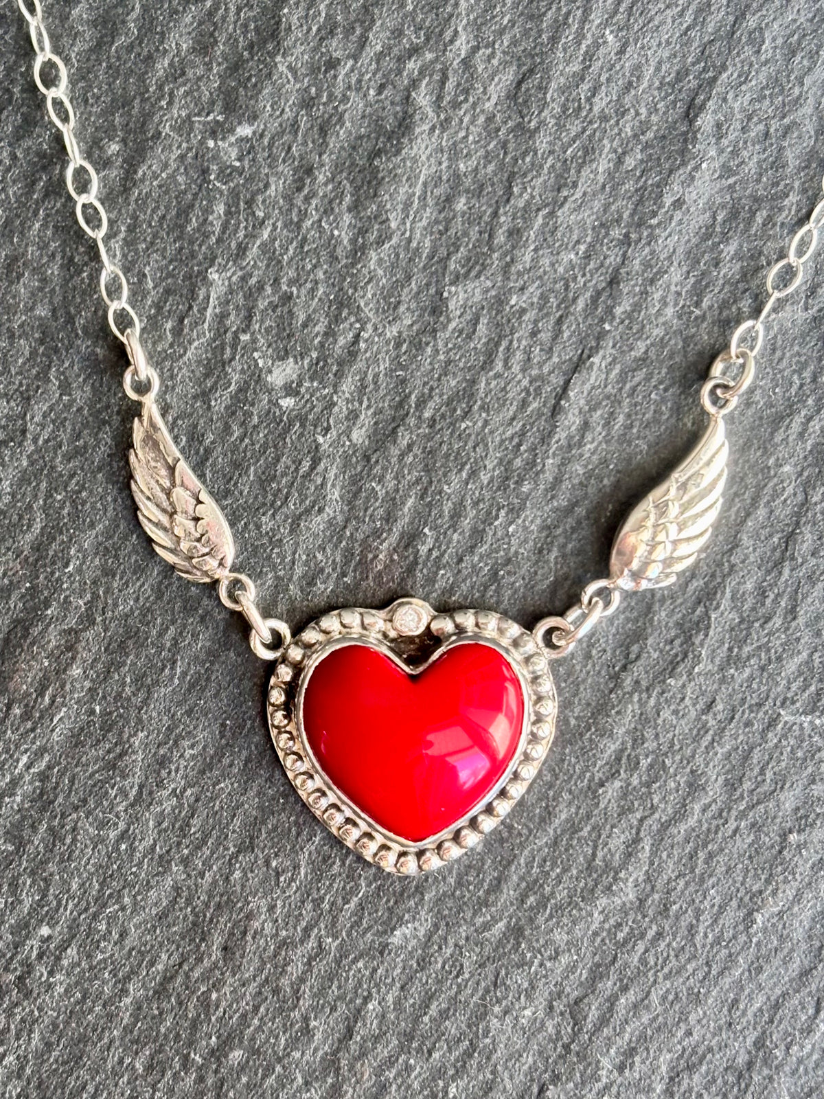 Handcrafted Sterling Silver Red Coral Heart Necklace with CZ & Angel Wings | 18"
