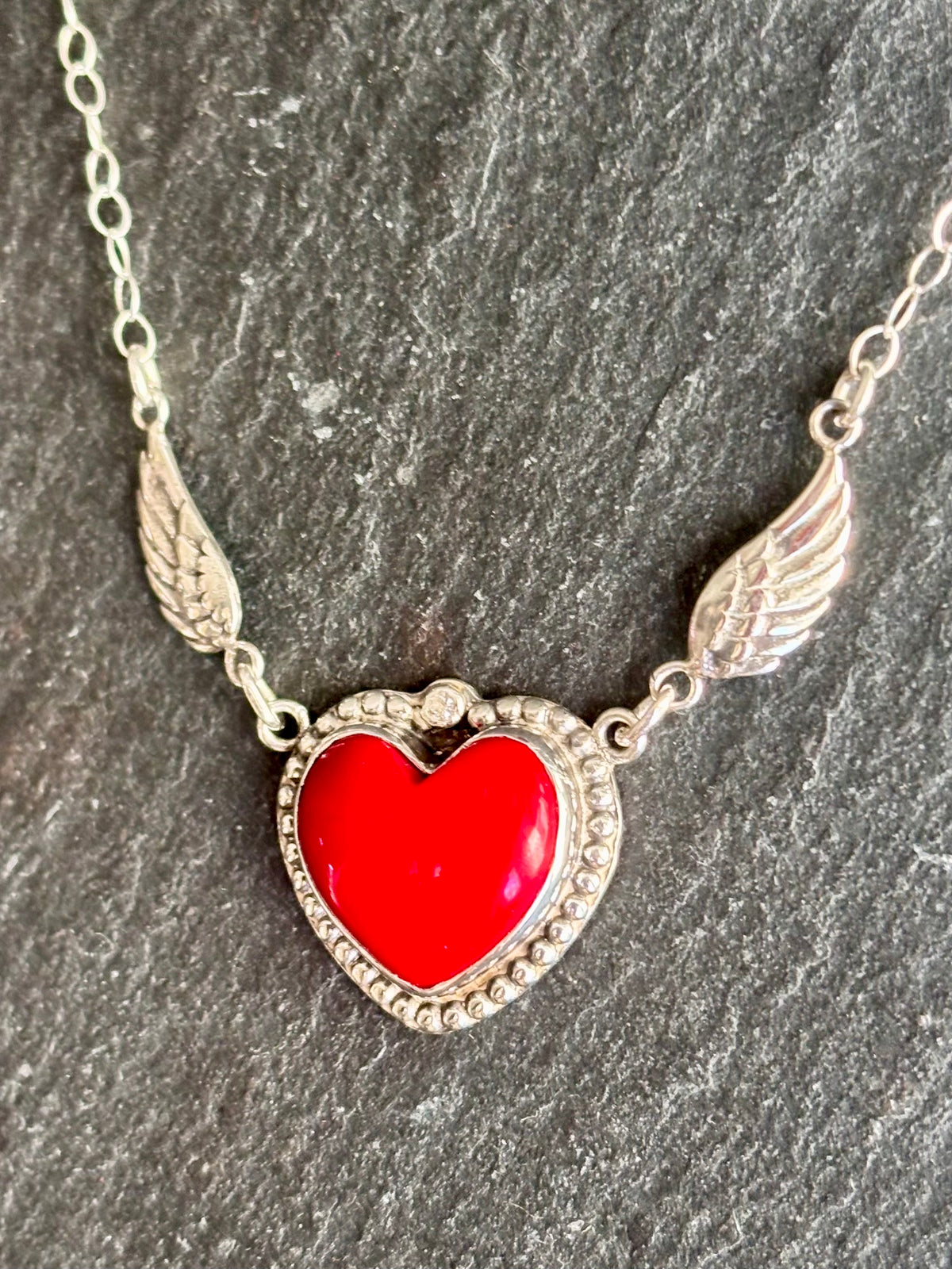 Handcrafted Sterling Silver Red Coral Heart Necklace with CZ & Angel Wings | 18"
