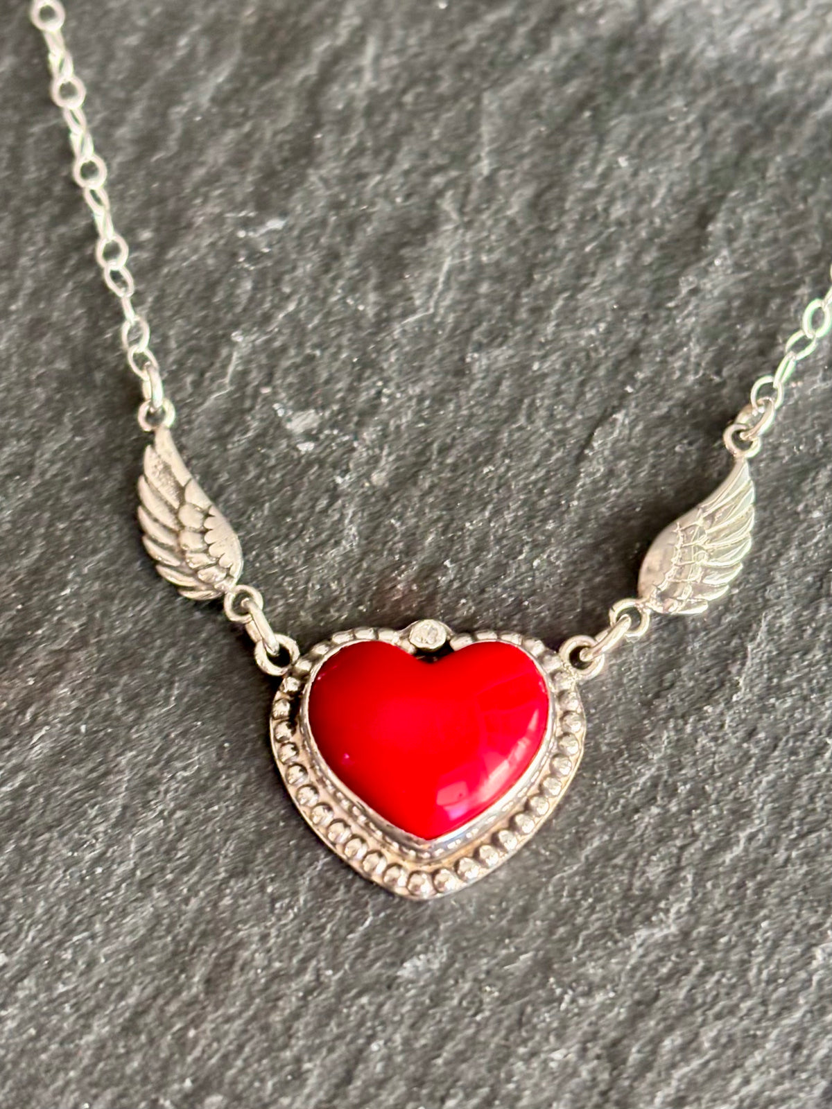 Handcrafted Sterling Silver Red Coral Heart Necklace with CZ & Angel Wings | 18"