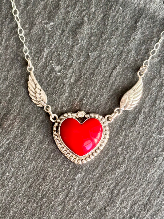 Handcrafted Sterling Silver Red Coral Heart Necklace with CZ & Angel Wings | 18"