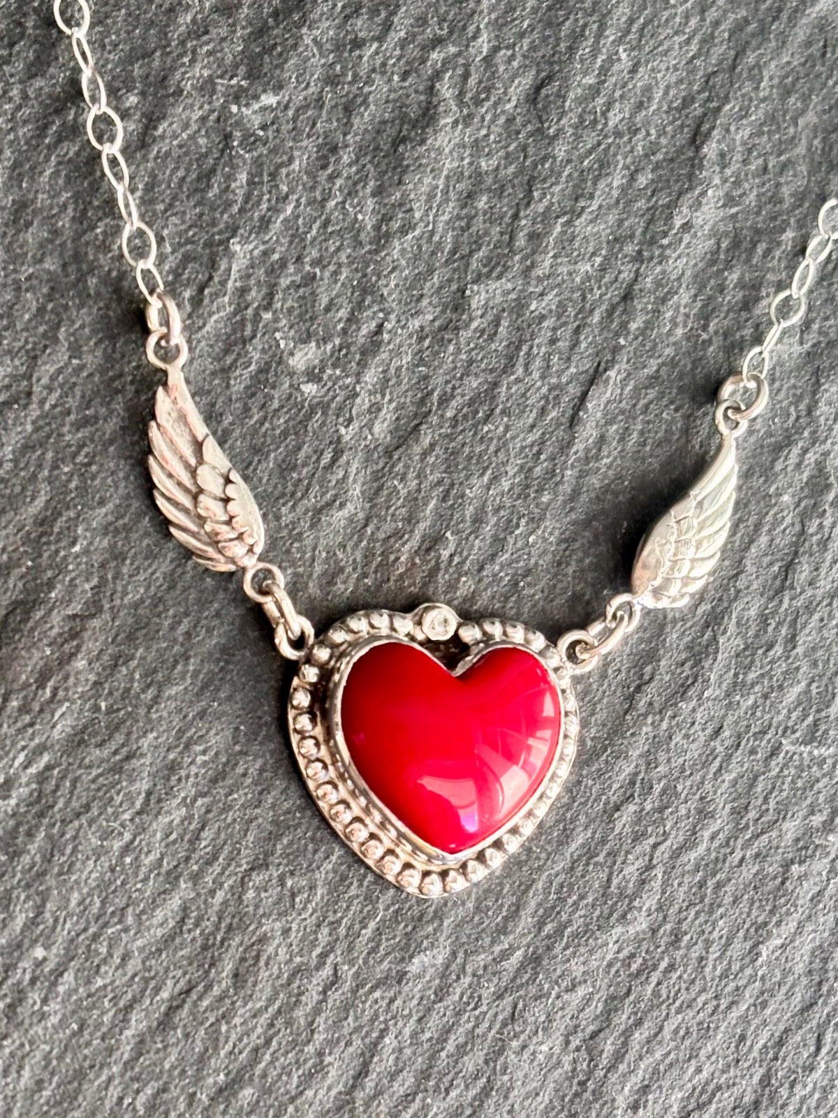 Handcrafted Sterling Silver Red Coral Heart Necklace with CZ & Angel Wings | 18"