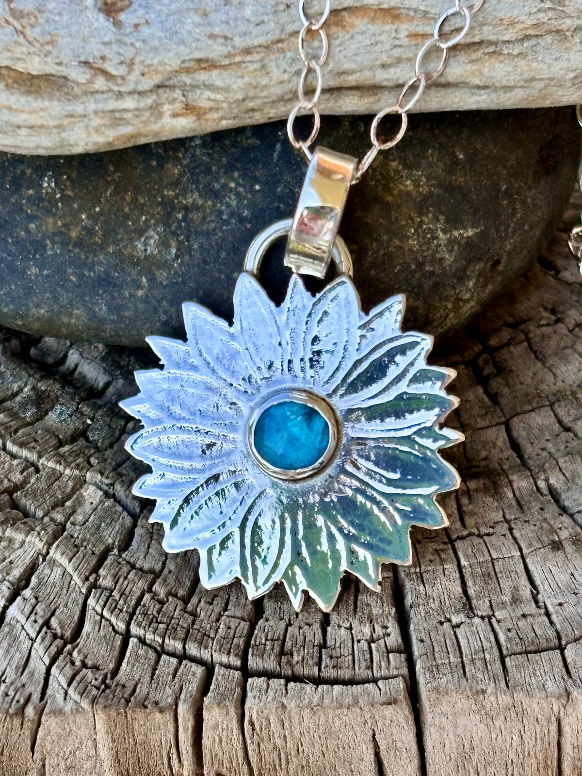 Handmade Sterling Silver Floral Pendant with Blue Apatite Gemstone Daisy