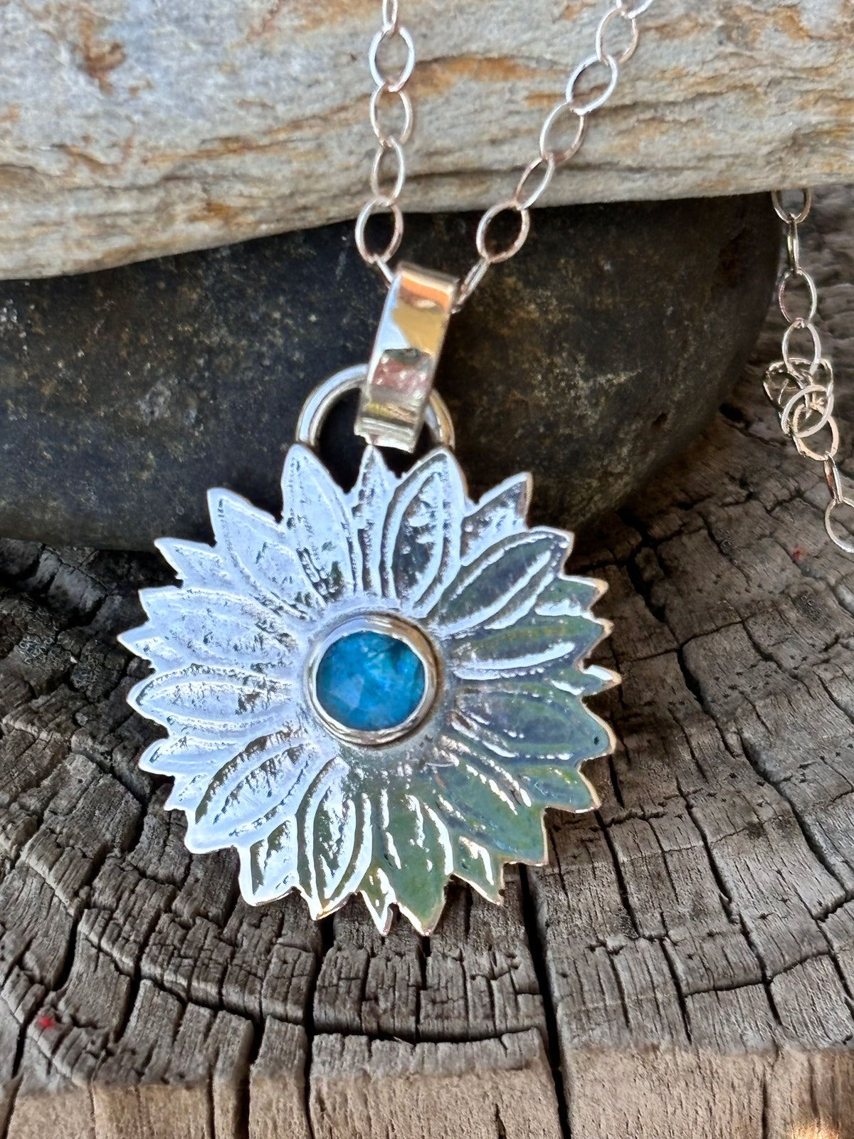 Handmade Sterling Silver Floral Pendant with Blue Apatite Gemstone Daisy