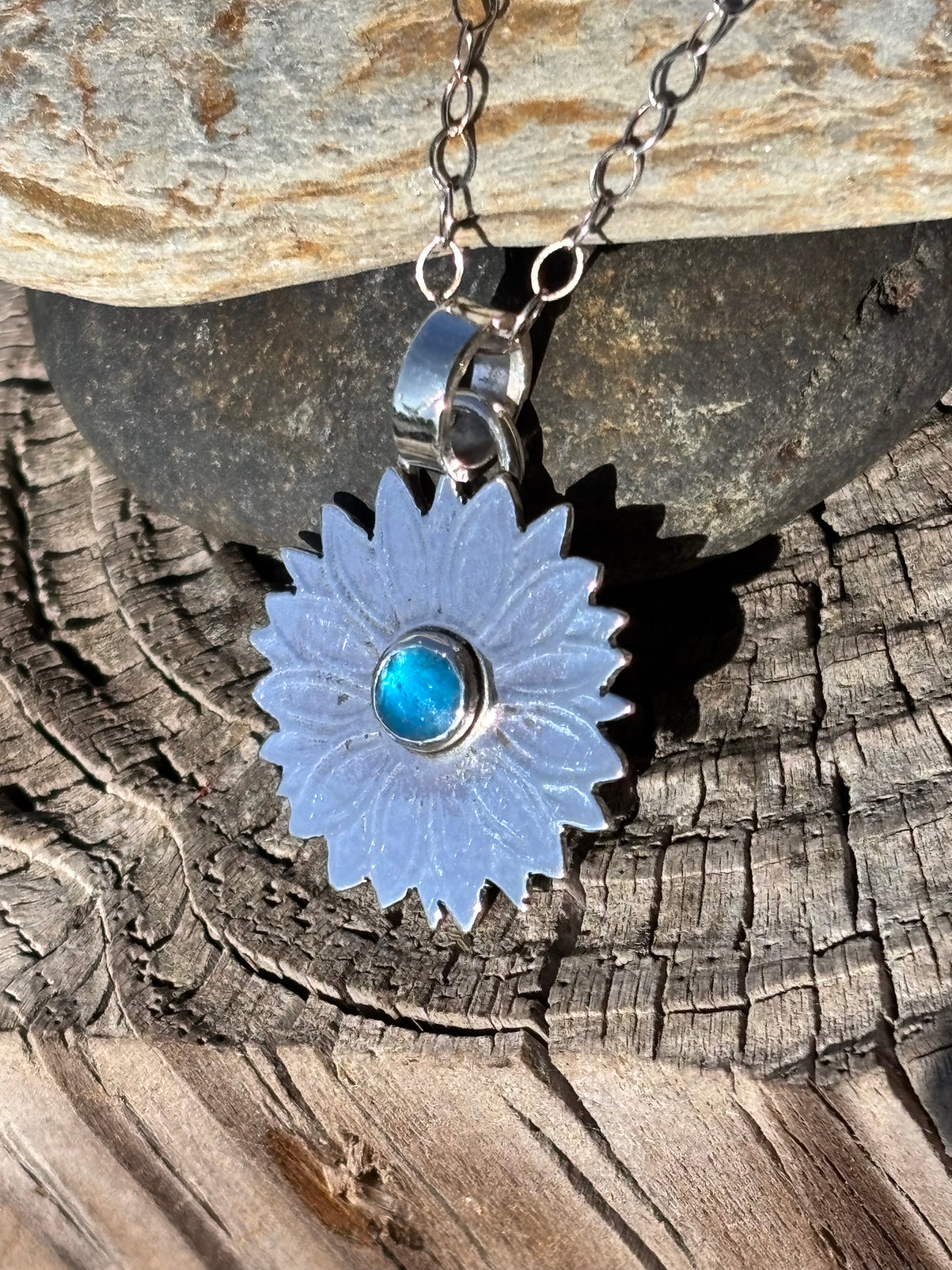 Handmade Sterling Silver Floral Pendant with Blue Apatite Gemstone Daisy