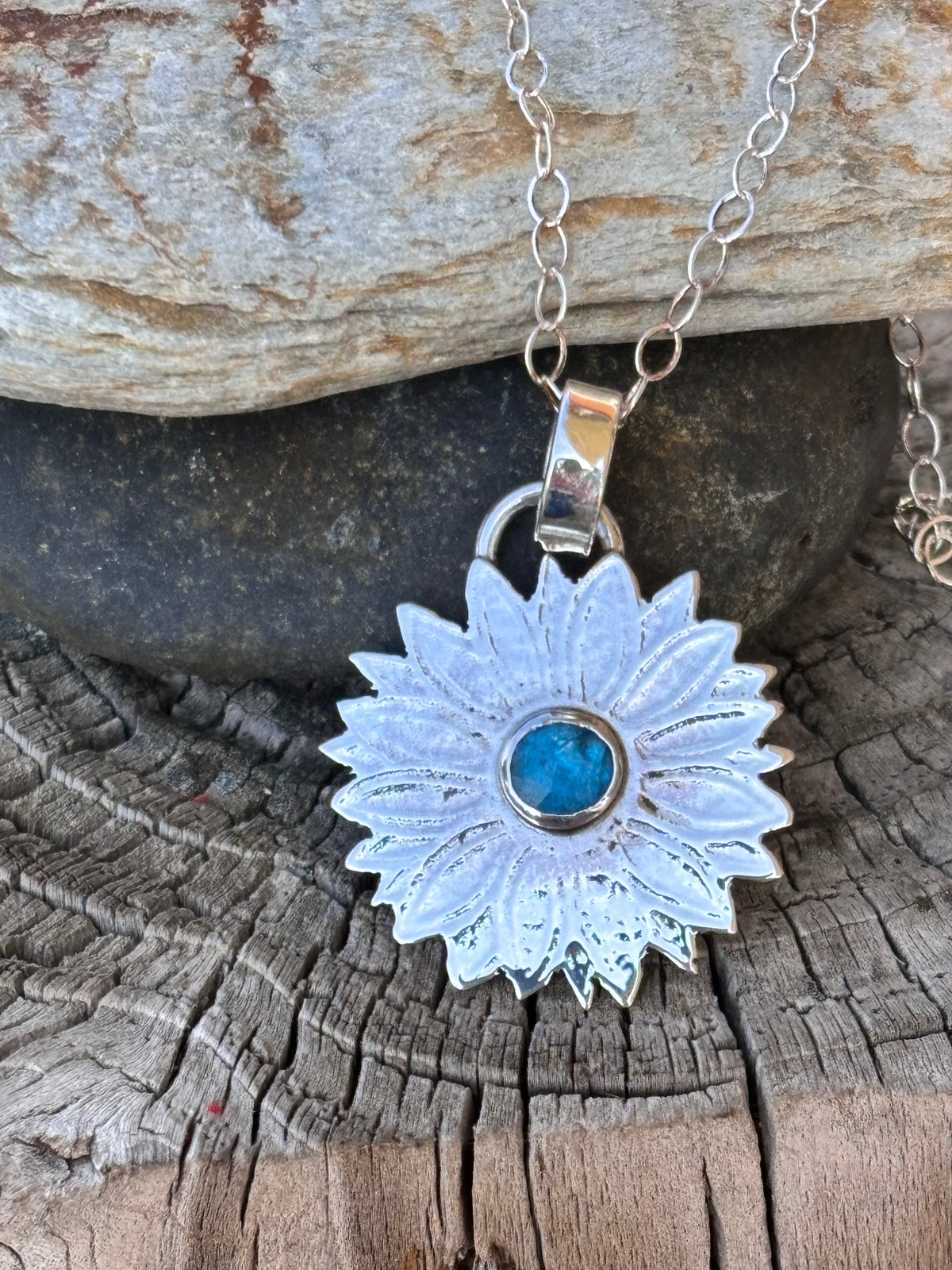 Handmade Sterling Silver Floral Pendant with Blue Apatite Gemstone Daisy