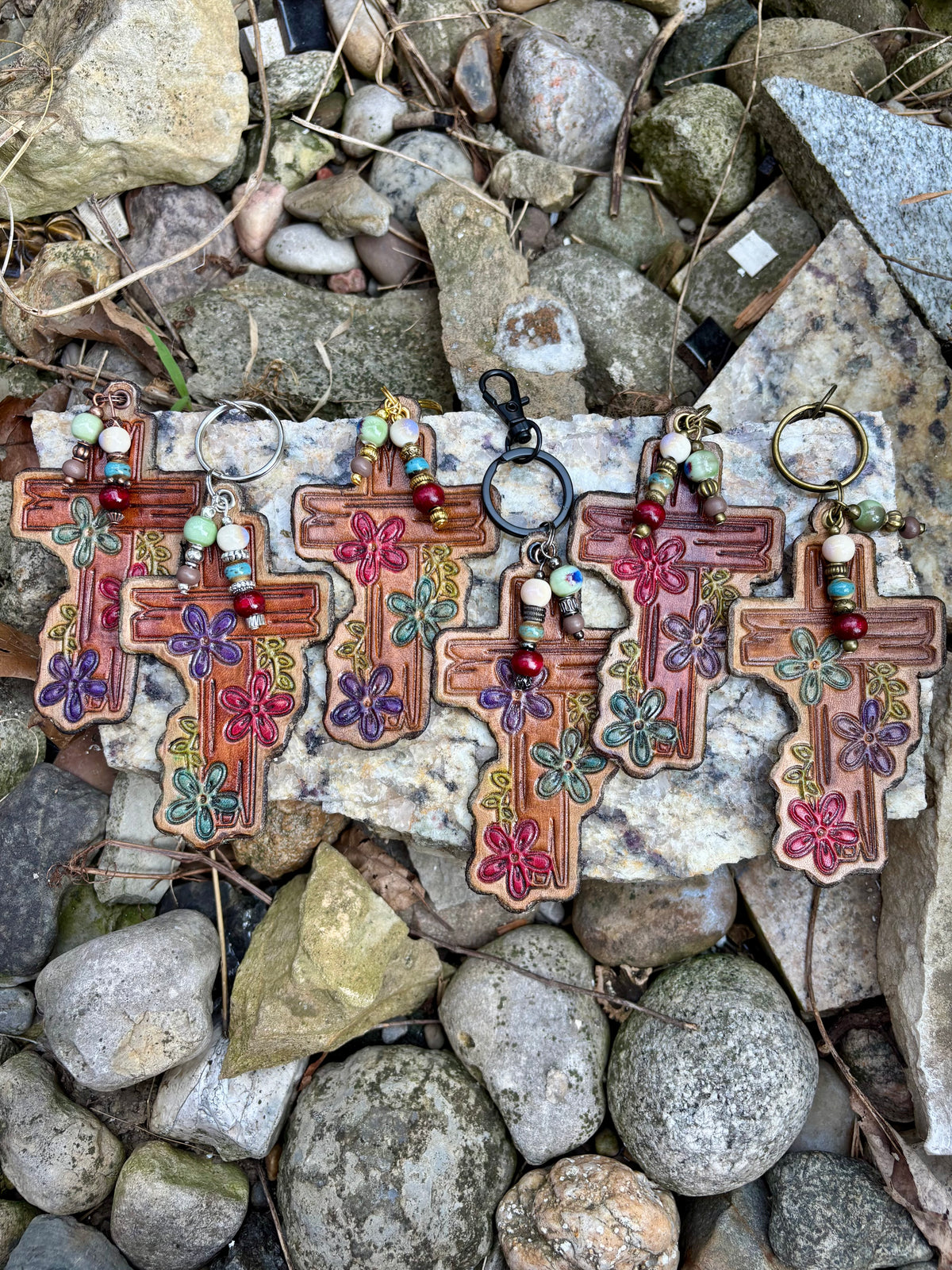 Handcrafted Leather Cross Purse Charm | Floral Leather Keychain | Boho Christian Bag Charm
