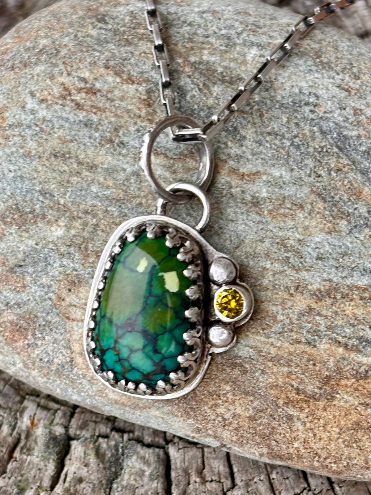 Handmade Turquoise & Olive Green CZ Pendant | Sterling Silver
