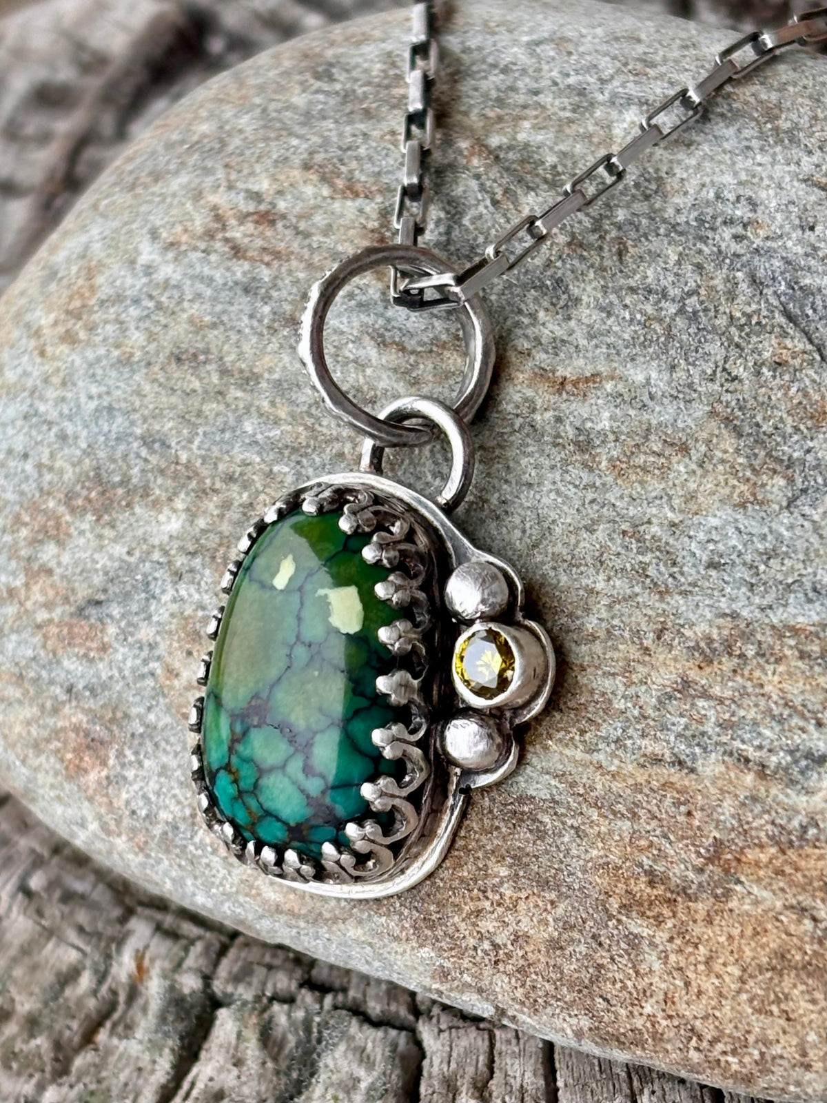 Handmade Turquoise & Olive Green CZ Pendant | Sterling Silver