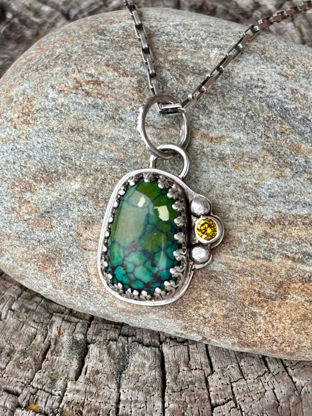 Handmade Turquoise & Olive Green CZ Pendant | Sterling Silver
