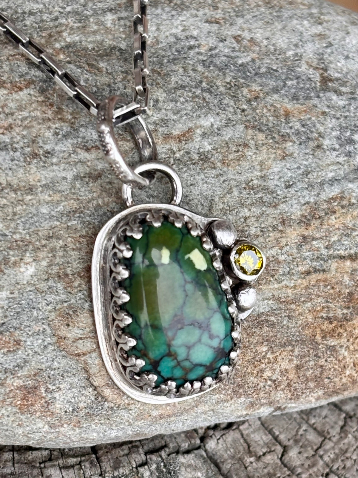 Handmade Turquoise & Olive Green CZ Pendant | Sterling Silver