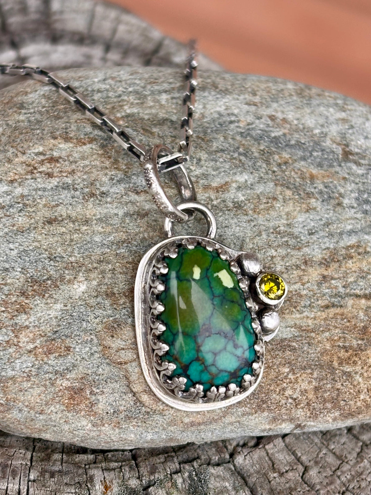 Handmade Turquoise & Olive Green CZ Pendant | Sterling Silver