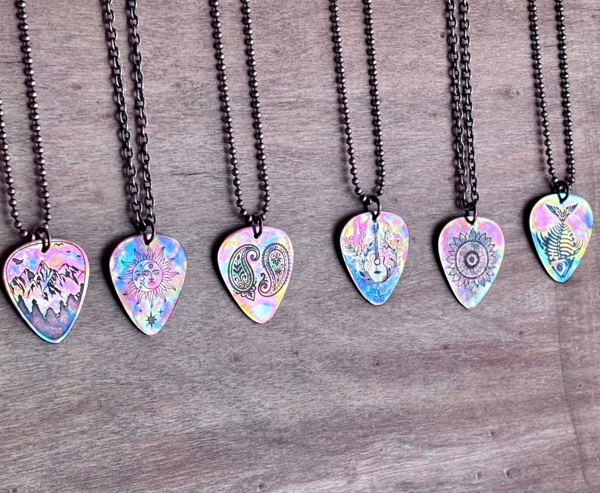 Fire Painted Copper Guitar Pick Necklace | Handmade Music Jewelry | Flame painted Copper