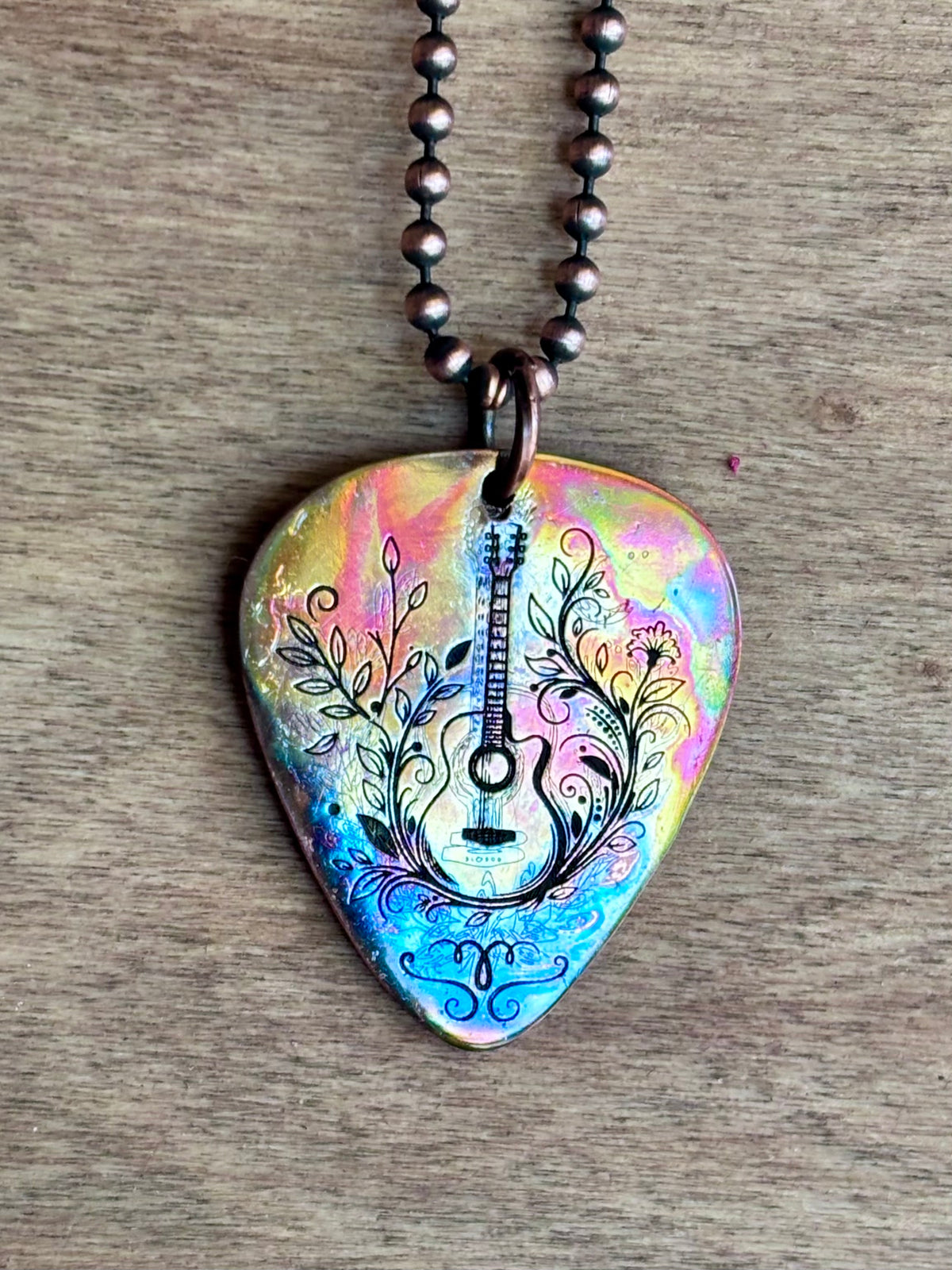 Fire Painted Copper Guitar Pick Necklace | Handmade Music Jewelry | Flame painted Copper