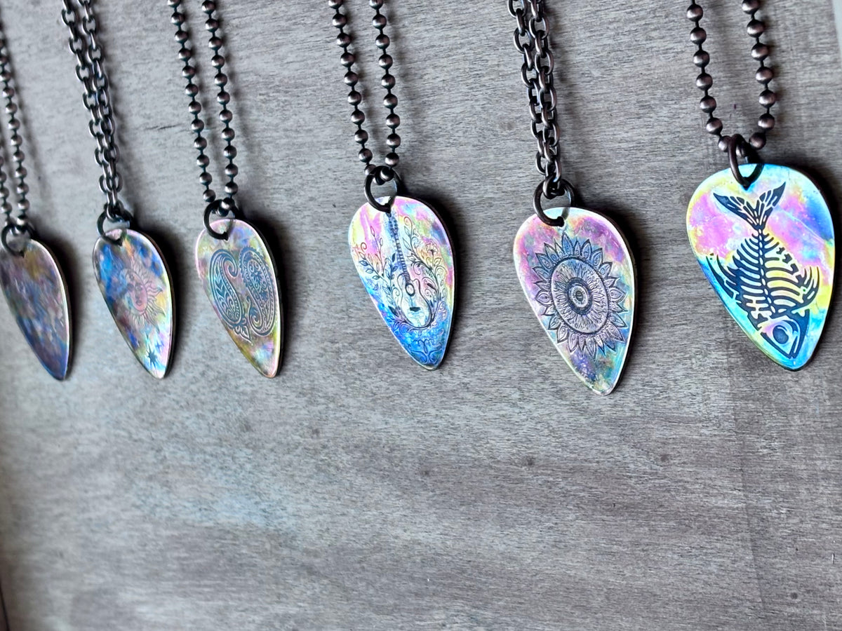 Fire Painted Copper Guitar Pick Necklace | Handmade Music Jewelry | Flame painted Copper