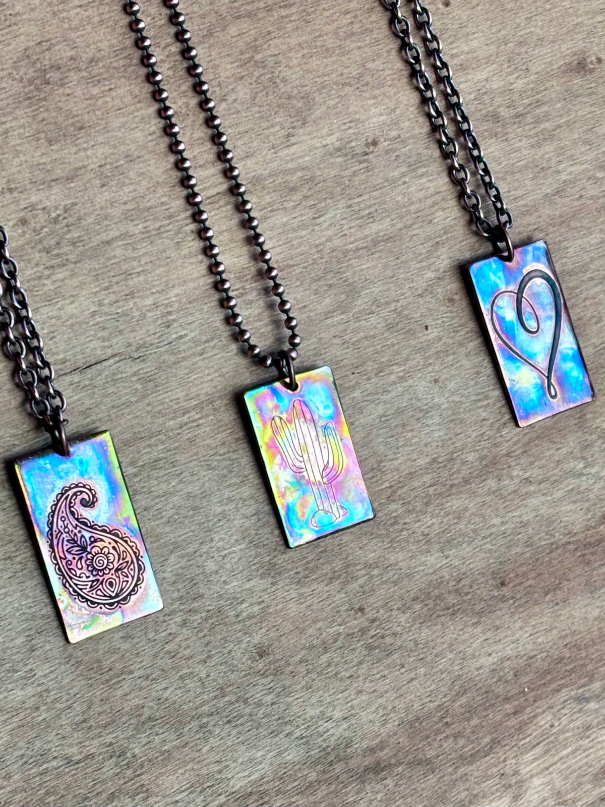 Fire Painted Copper Rectangle Pendant Necklace | Cactus, Paisley or Heart