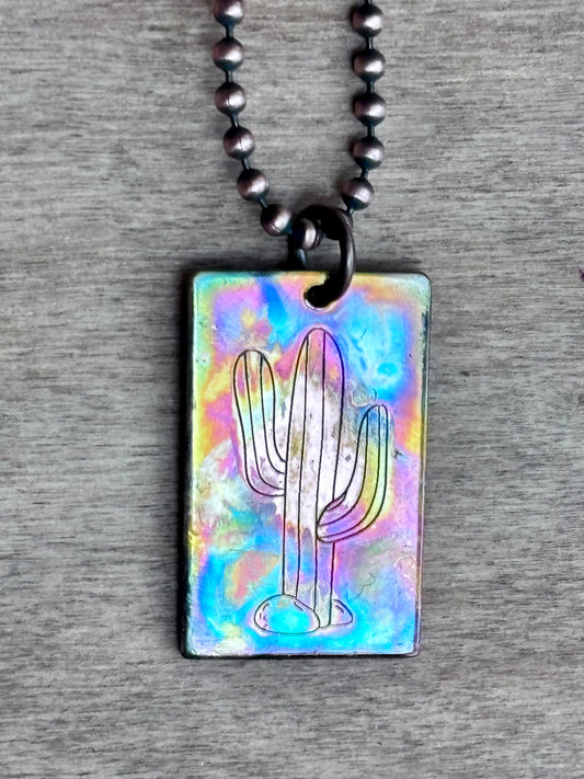 Fire Painted Copper Rectangle Pendant Necklace | Cactus, Paisley or Heart