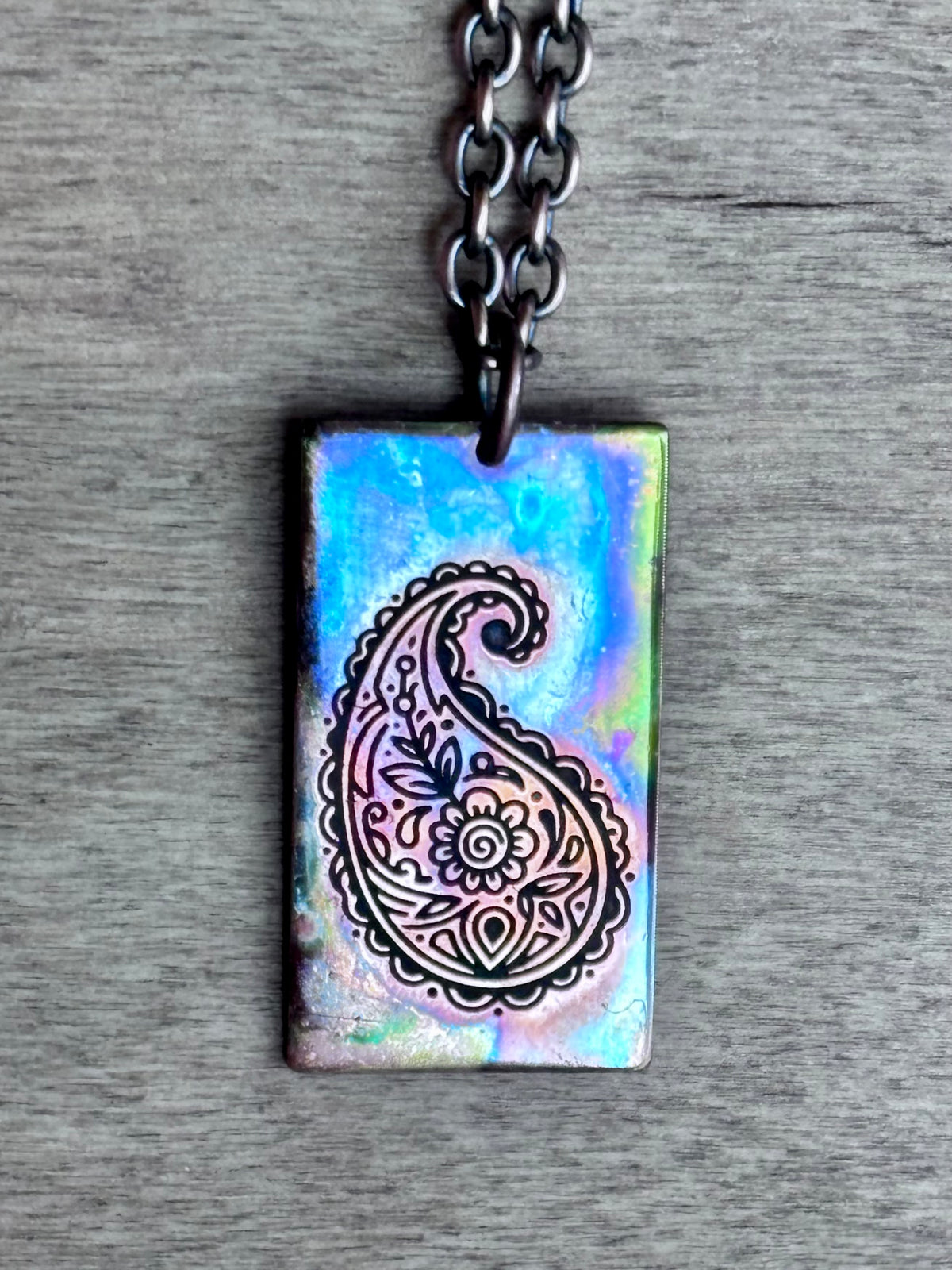 Fire Painted Copper Rectangle Pendant Necklace | Cactus, Paisley or Heart