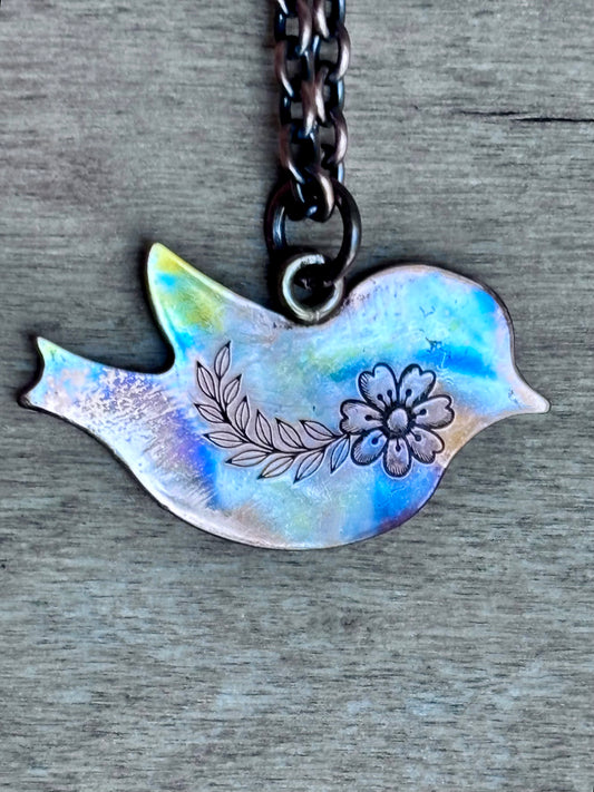 Fire Painted Copper Bird Necklace | Handmade Floral Pendant | Flame Painted
