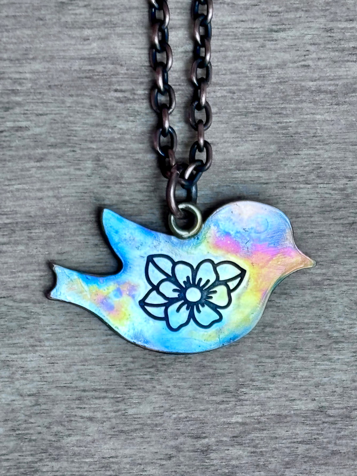 Fire Painted Copper Bird Necklace | Handmade Floral Pendant | Flame Painted