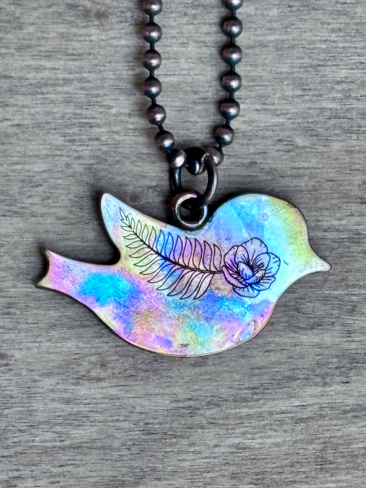 Fire Painted Copper Bird Necklace | Handmade Floral Pendant | Flame Painted