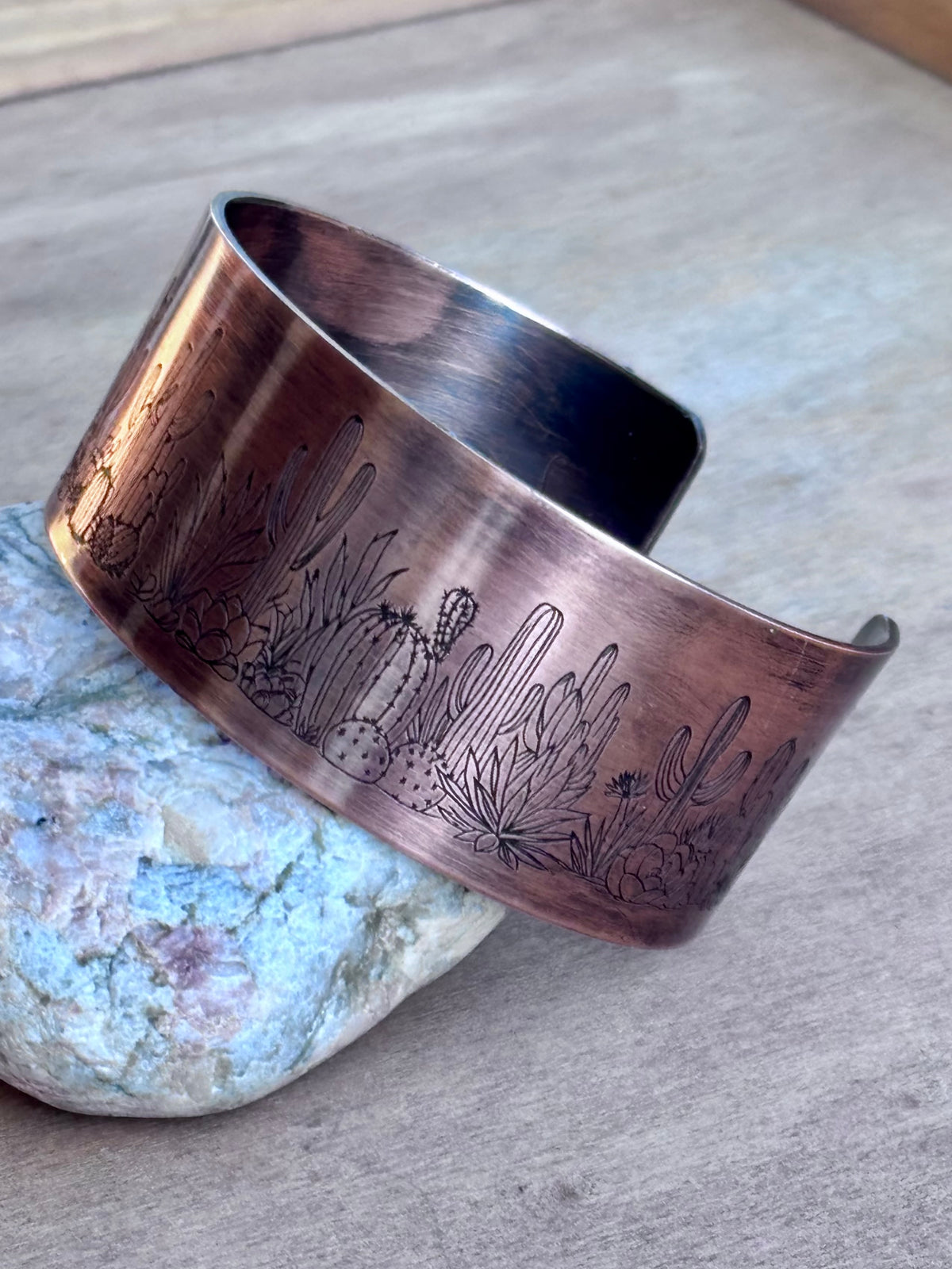 Engraved Copper Nature Cuff Bracelet | 1" Cactus, or Wildflower | 3/4" Mushroom