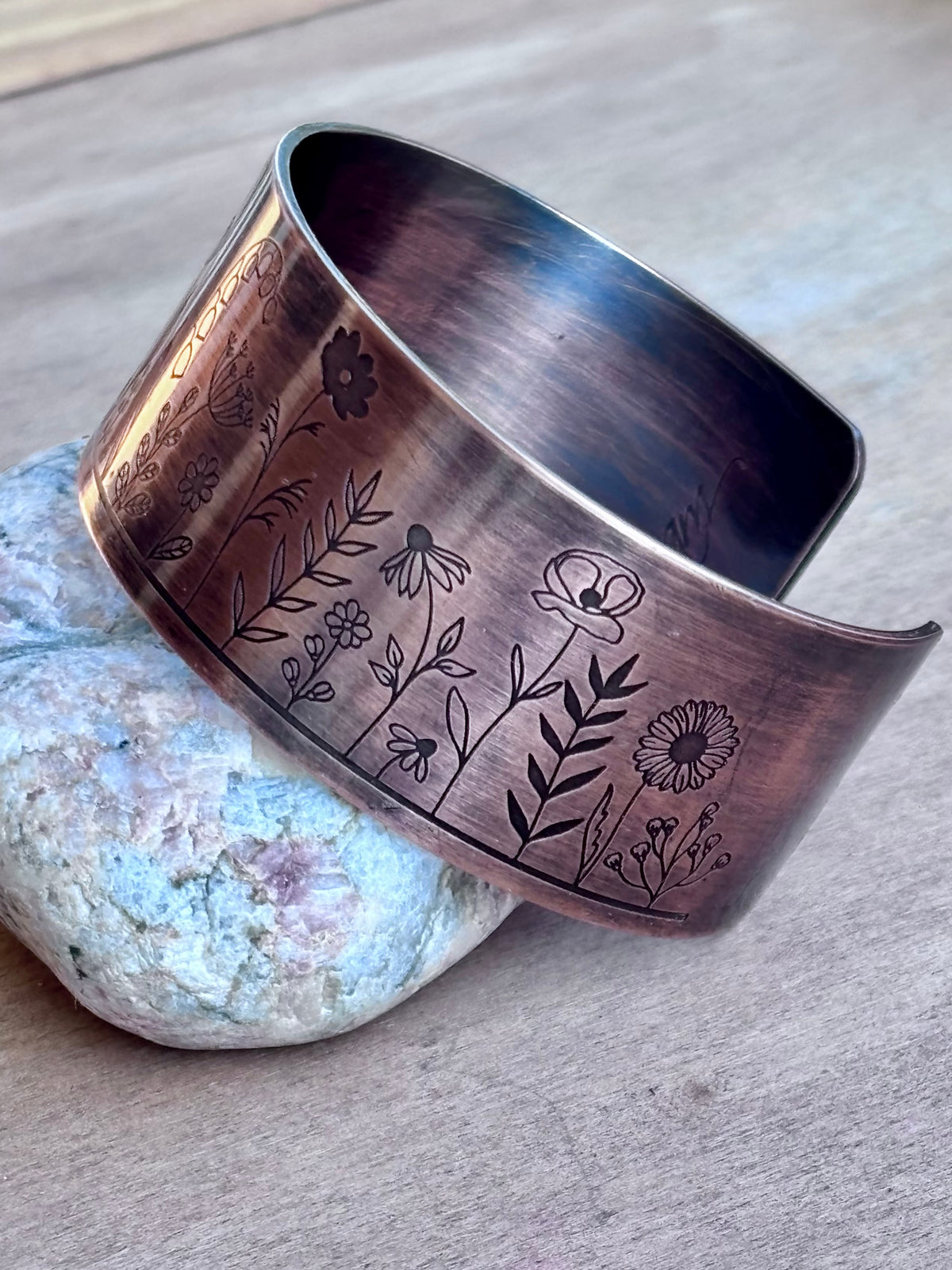 Engraved Copper Nature Cuff Bracelet | 1" Cactus, or Wildflower | 3/4" Mushroom