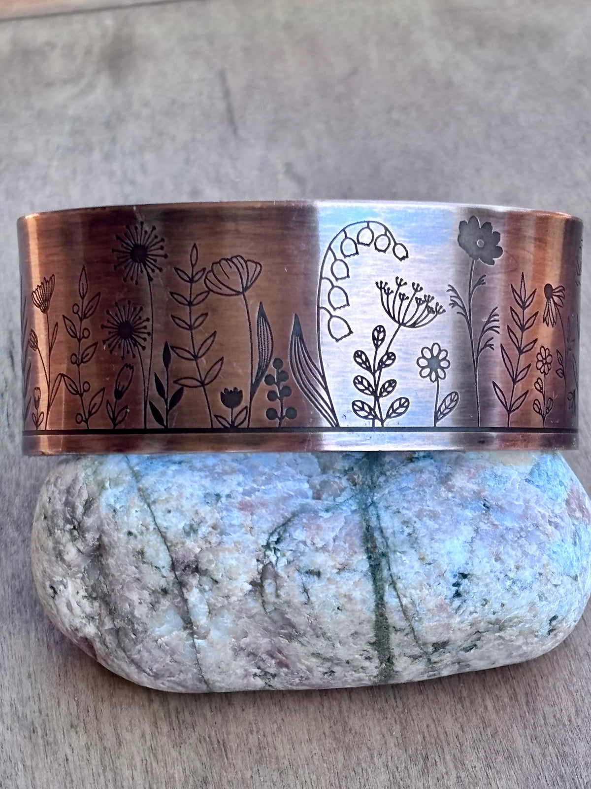 Engraved Copper Nature Cuff Bracelet | 1" Cactus, or Wildflower | 3/4" Mushroom