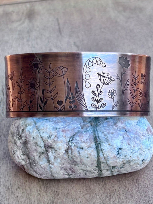 Engraved Copper Nature Cuff Bracelet | 1" Cactus, or Wildflower | 3/4" Mushroom