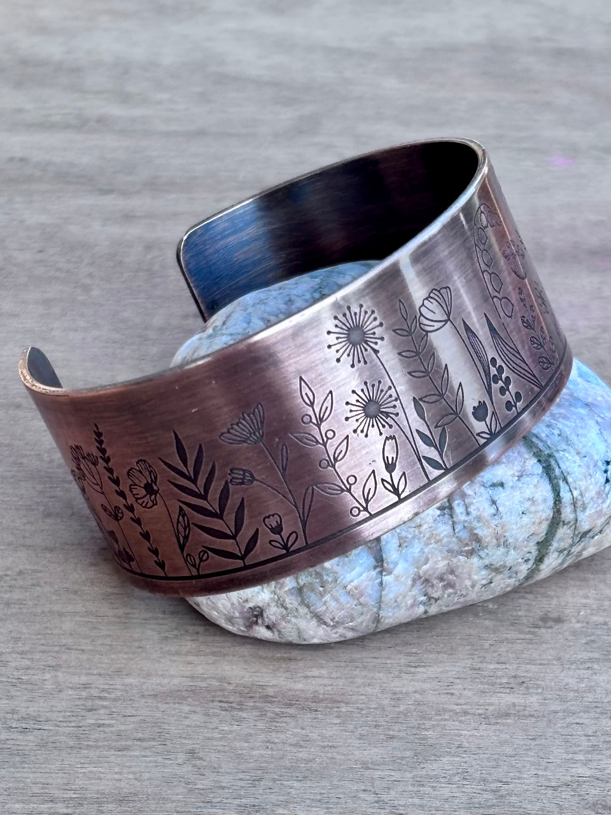 Engraved Copper Nature Cuff Bracelet | 1" Cactus, or Wildflower | 3/4" Mushroom