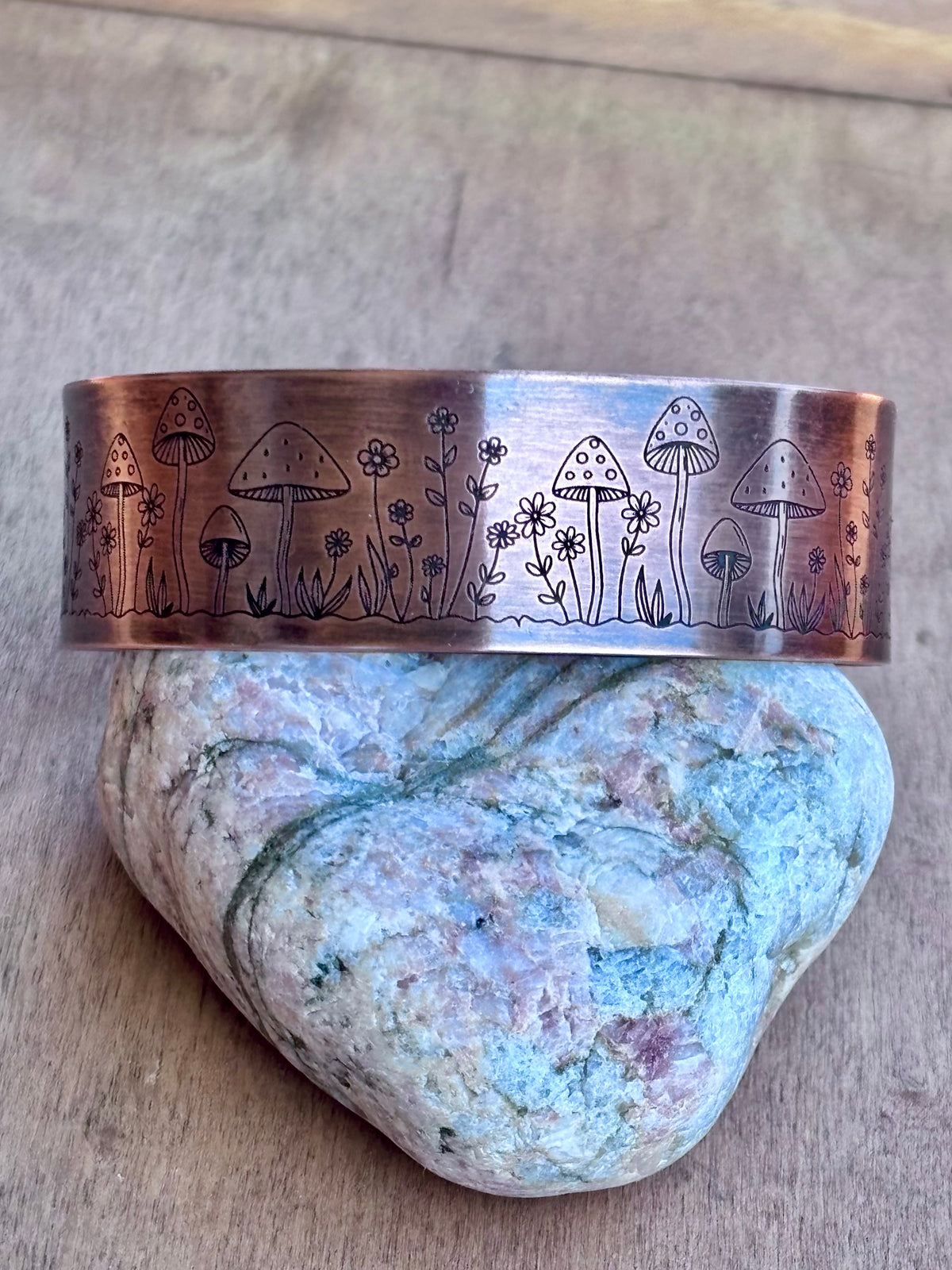 Engraved Copper Nature Cuff Bracelet | 1" Cactus, or Wildflower | 3/4" Mushroom