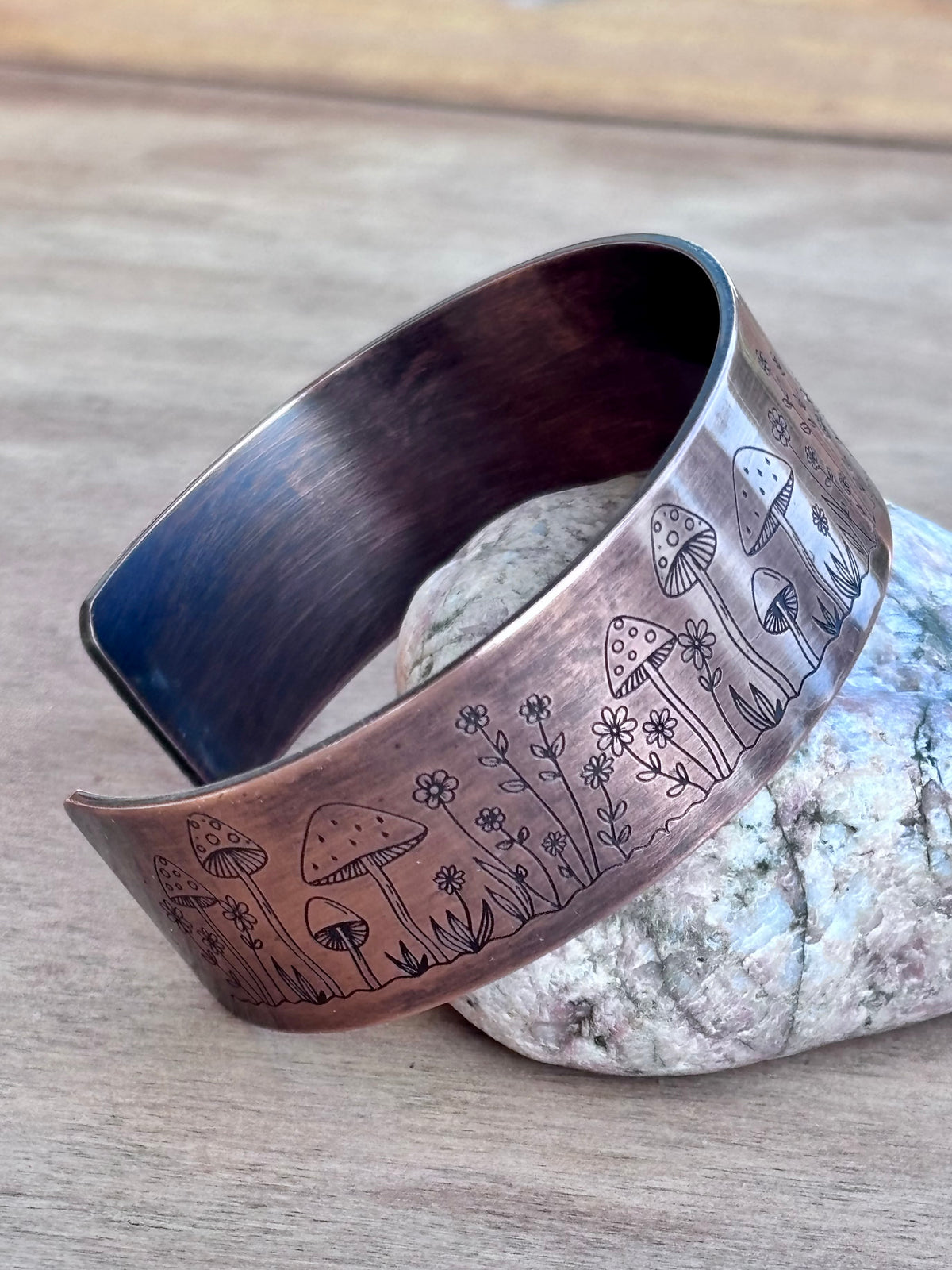 Engraved Copper Nature Cuff Bracelet | 1" Cactus, or Wildflower | 3/4" Mushroom