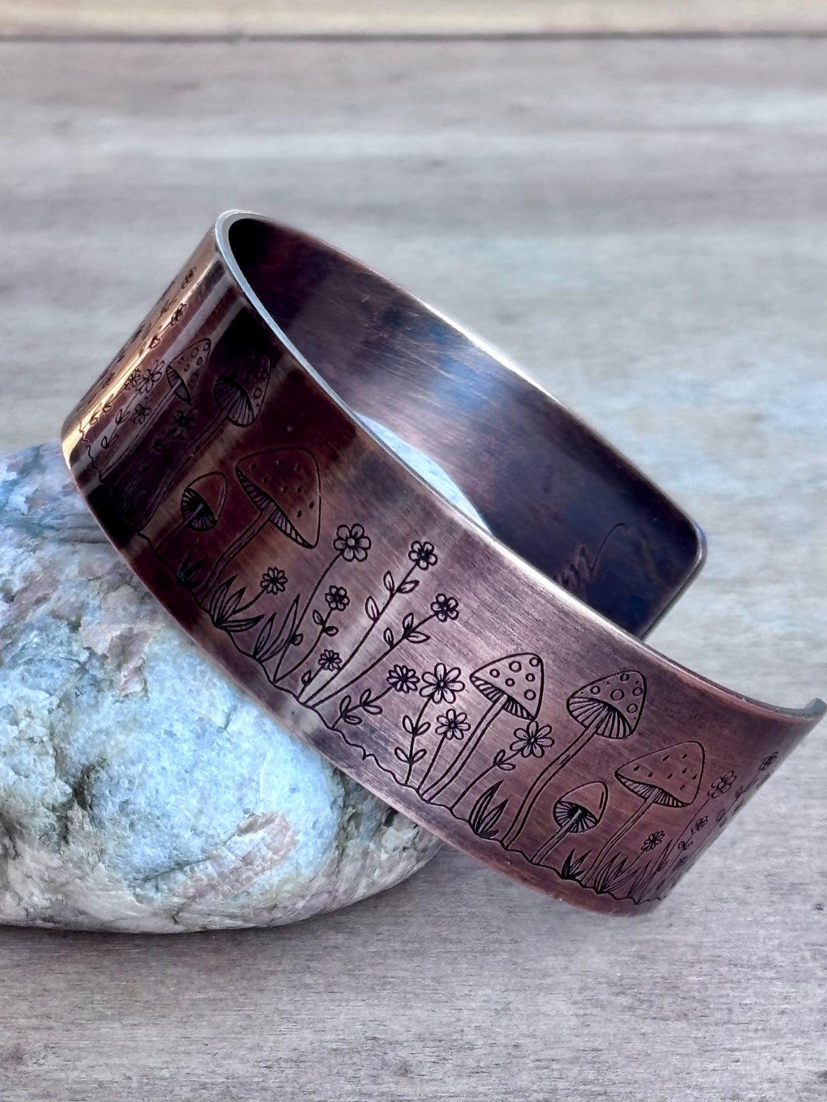 Engraved Copper Nature Cuff Bracelet | 1" Cactus, or Wildflower | 3/4" Mushroom
