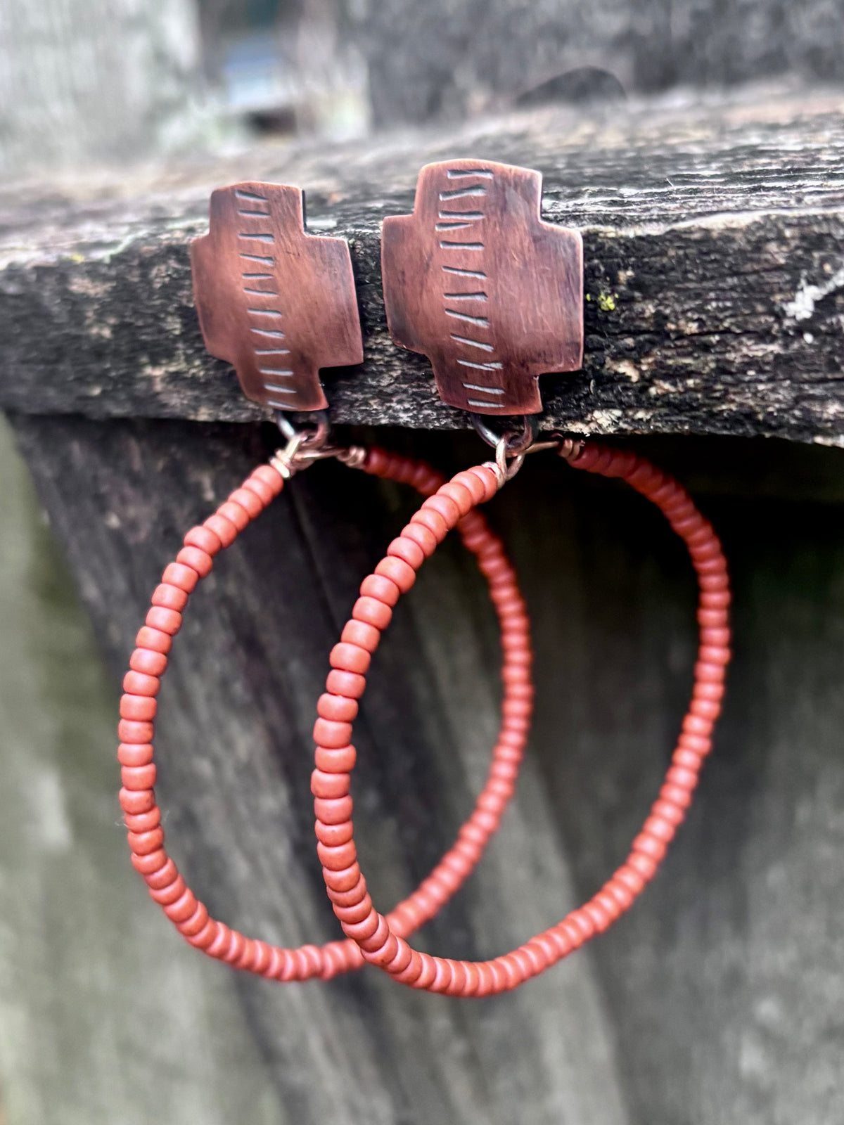 Handmade Copper & Miyuki Seed Bead Hoop Earrings | Sterling Silver Posts