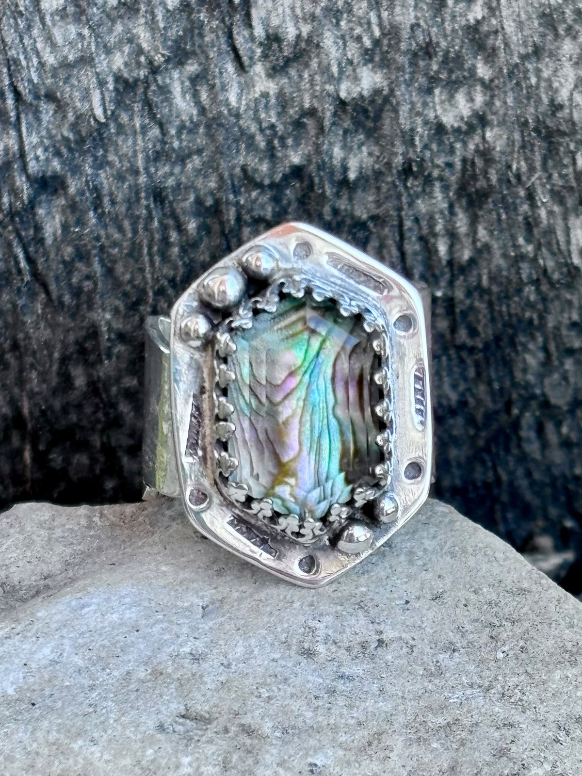Handcrafted Abalone & Himalayan Quartz Doublet Ring | Sterling Silver Feather Band | Size 8.5