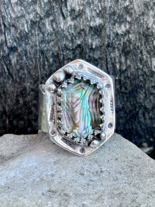Handcrafted Abalone & Himalayan Quartz Doublet Ring | Sterling Silver Feather Band | Size 8.5