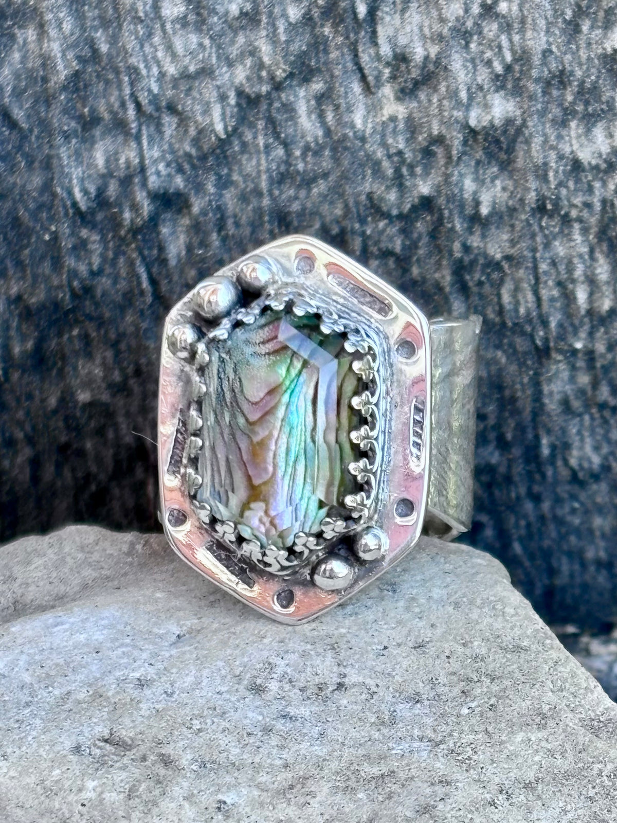 Handcrafted Abalone & Himalayan Quartz Doublet Ring | Sterling Silver Feather Band | Size 8.5