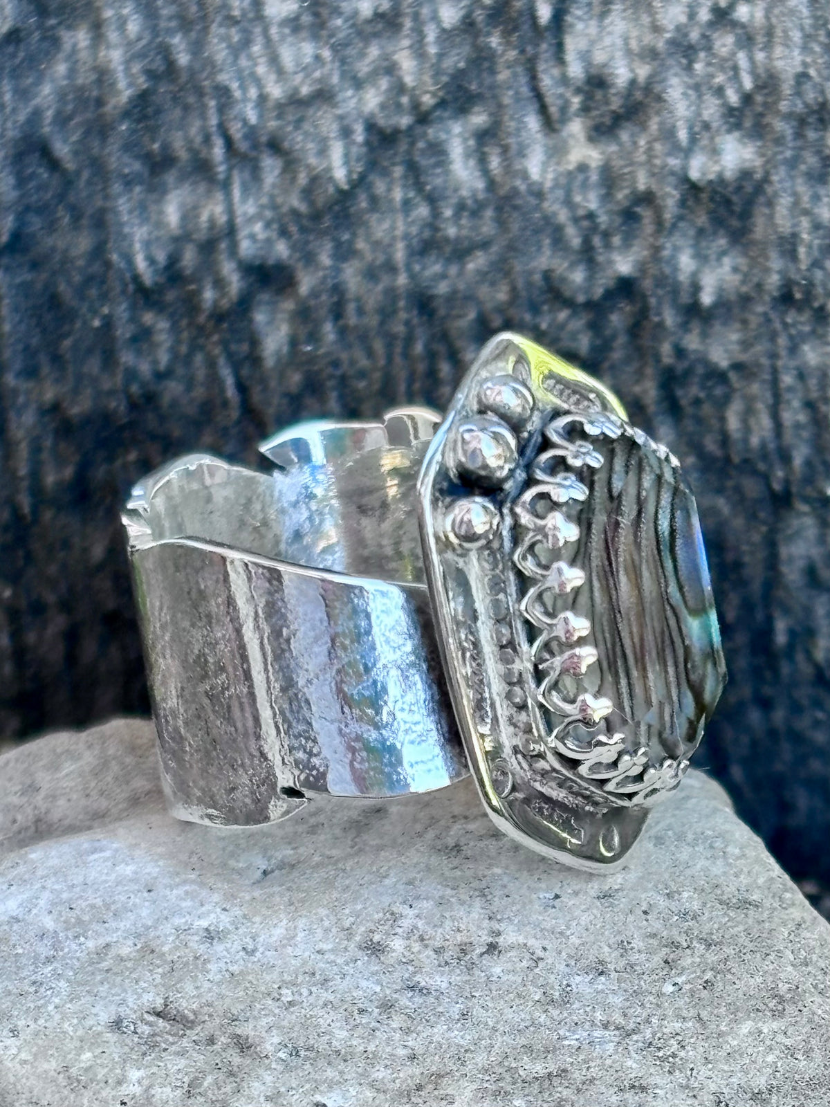Handcrafted Abalone & Himalayan Quartz Doublet Ring | Sterling Silver Feather Band | Size 8.5