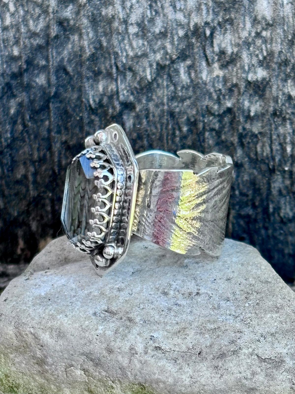 Handcrafted Abalone & Himalayan Quartz Doublet Ring | Sterling Silver Feather Band | Size 8.5
