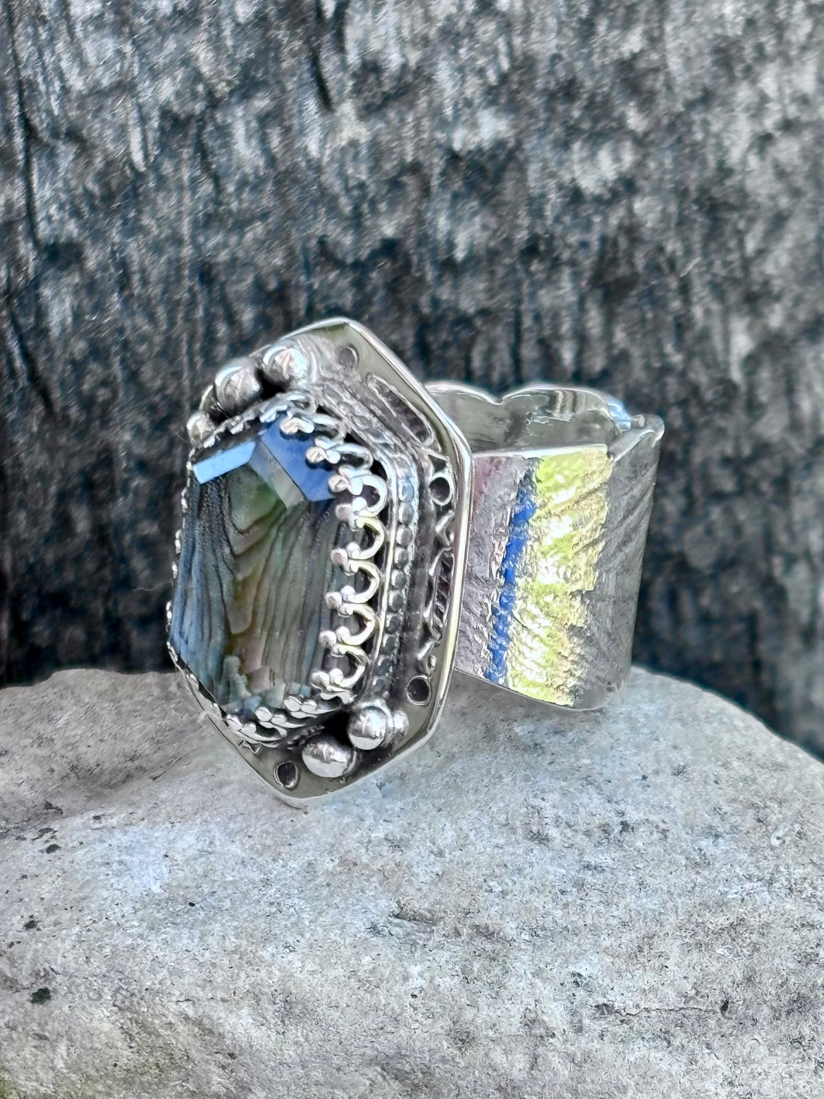 Handcrafted Abalone & Himalayan Quartz Doublet Ring | Sterling Silver Feather Band | Size 8.5